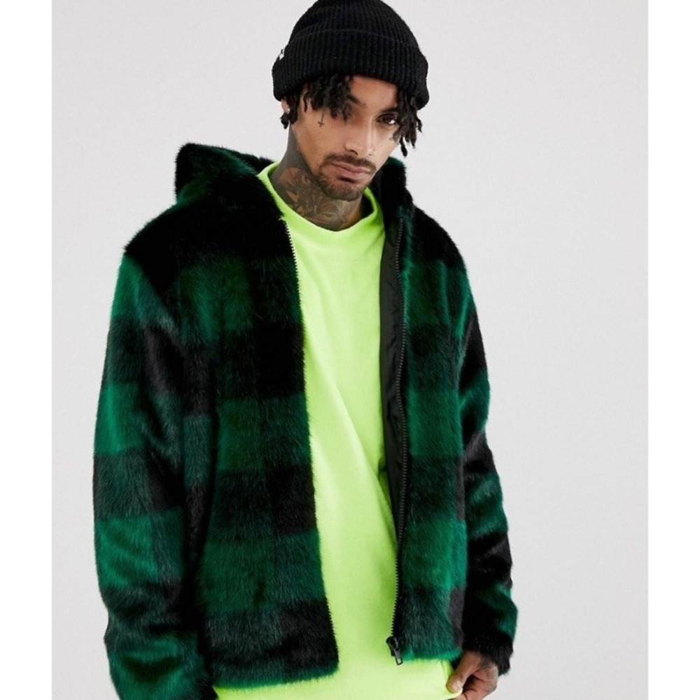 ASOS DESIGN Mens Green Black Checkerboard Faux Fur Hooded Jacket XL F100221